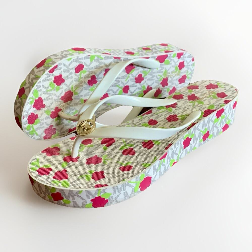 MICHAEL KORS Platform Wedge Flip-Flop Sandal Thongs Floral Signature MK Logo 10M